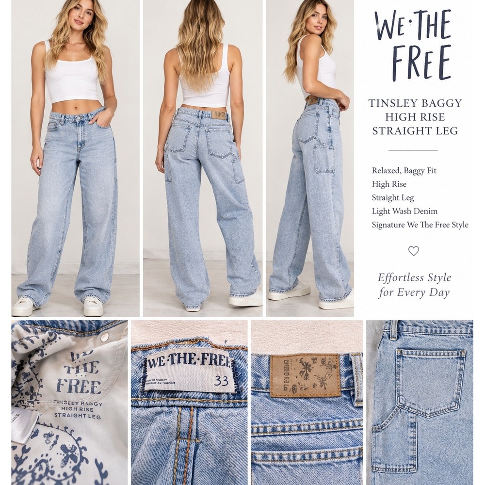 We The Free Tinsley Baggy High Rise Straight Leg Jeans Light Wash Blue Size 33